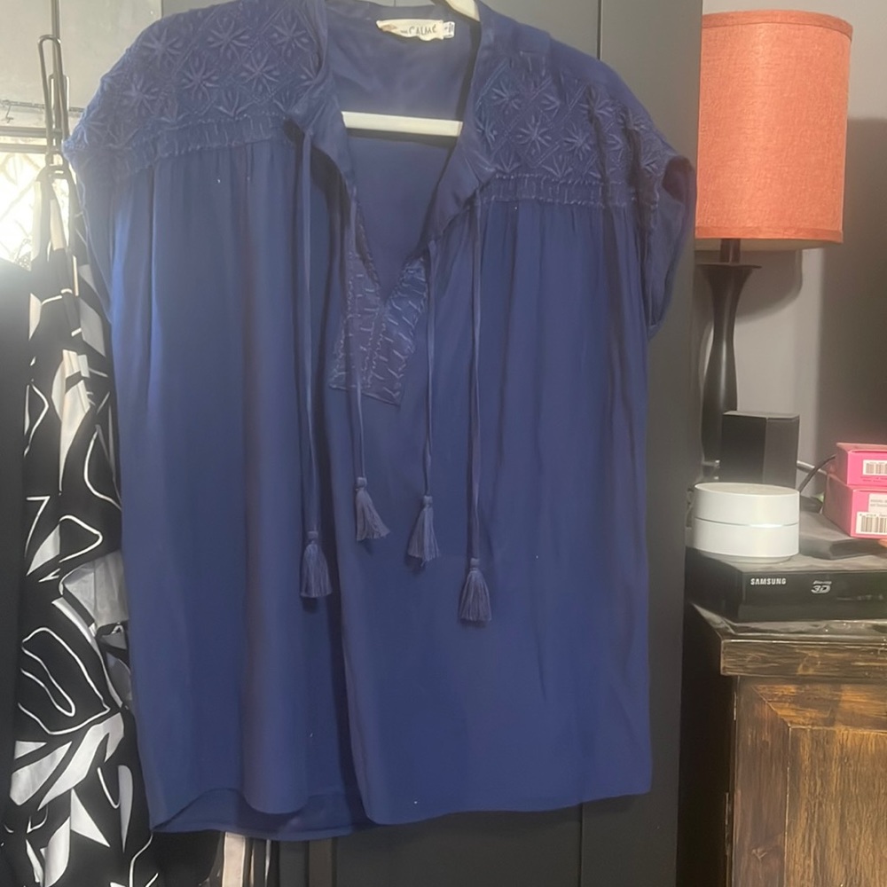 Johnny Was Calme blue double tassel embroidered cap sleeve blouse